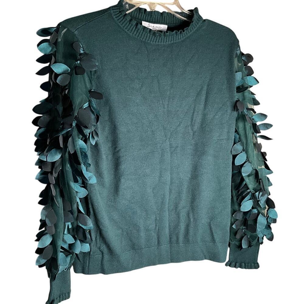 Sioni Milano Sweater Winter Green Embellished Sleeve Frill Neck Womens Large NWT